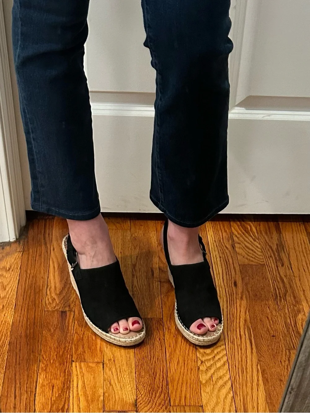 TOMS Monica Black Suede Leather Wedge Espadrille Sandals